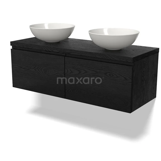 Zweites Schwarz Holz Badezimmermöbel mit zwei weißen Aufsatzwaschbecken, ideal für eine moderne Badezimmergestaltung.