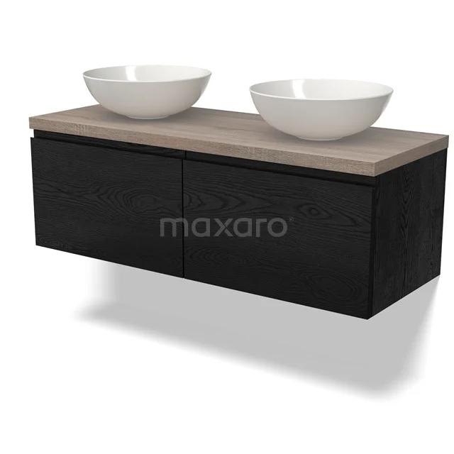 Schwarzes Holz Badezimmermöbel mit zwei weißen Aufsatzwaschbecken und einer Eichen Platte, modernes Design für stilvolle Bäder.