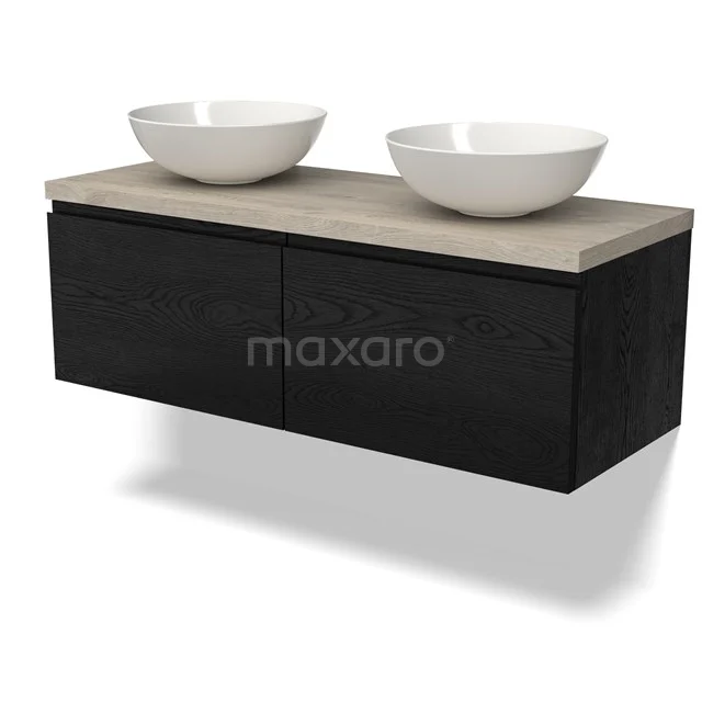 Black oak bathroom unit with wooden worktop and two white countertop wash basins, modern design for stylish bathrooms.