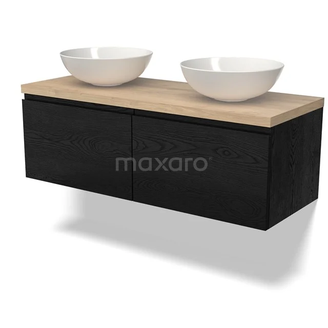 Schwarze Badmöbelset mit Holzplatte und doppelten weißen Aufsatzwaschbecken, elegantes Design, ideal für moderne Bäder.