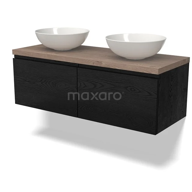 Modulo Plato Badmöbel mit Aufsatzwaschbecken | 120 cm Schwarze Eiche Grifflos front Mittelbraune Eiche blatt 2 nebeneinanderliegende Schubladen BMK12-01562 Schwarzes Holz-Badmöbel mit zwei weißen Aufsatzwaschbecken und einer robusten Eichenplatte, perfekt für einen modernen Badezimmerstil.