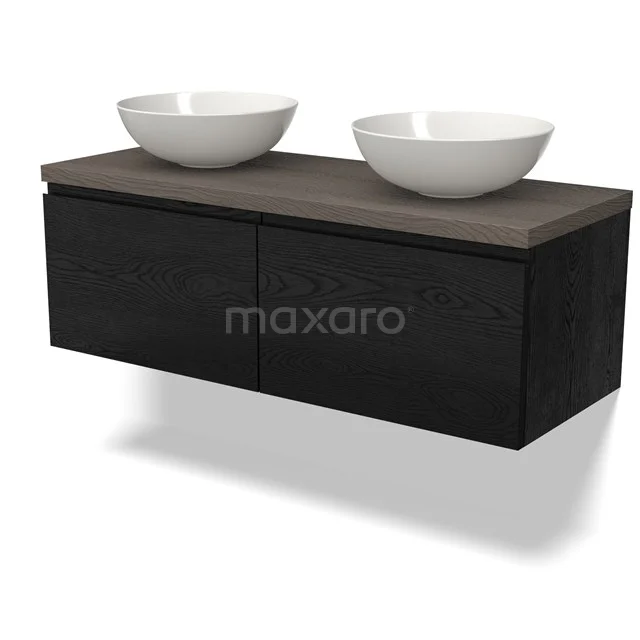 Black bathroom furniture set with wooden worktop, double countertop wash basins and sleek design, ideal for modern bathrooms.