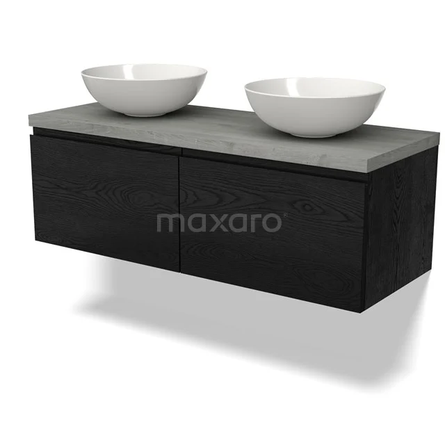 Floating black bathroom unit with concrete worktop and two white countertop wash basins, modern and stylish design.