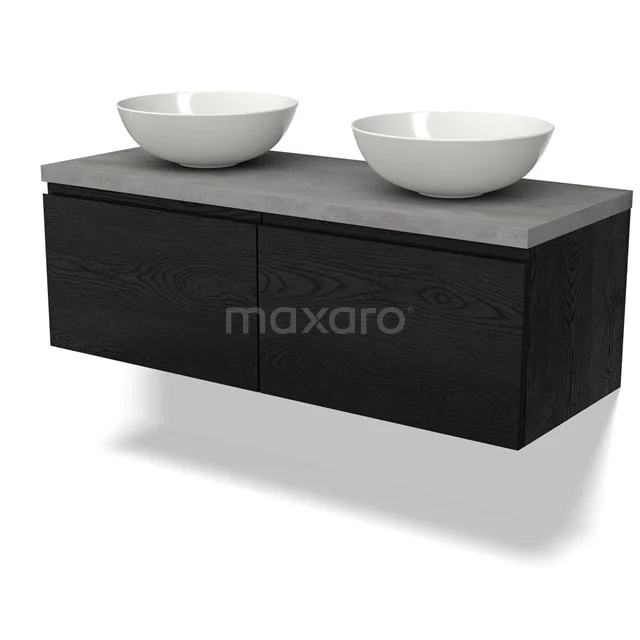 Floating black bathroom unit with grey concrete-look top and two white countertop wash basins, ideal for a stylish modern bathroom.
