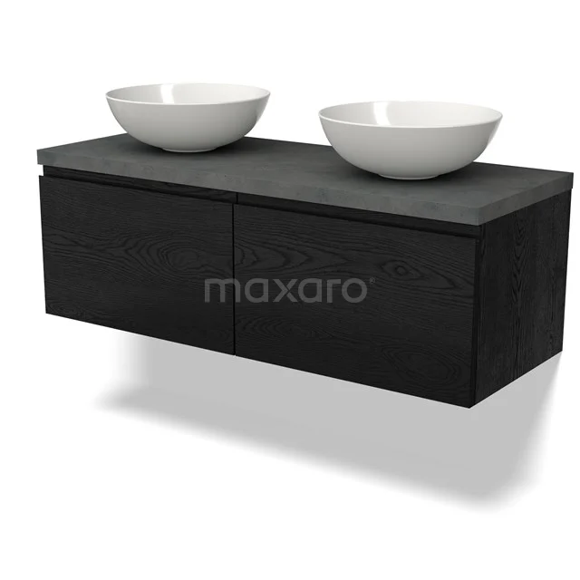 Black bathroom furniture set with double basin, matte black wood-look and ceramic bowls, modern design for bathroom.
