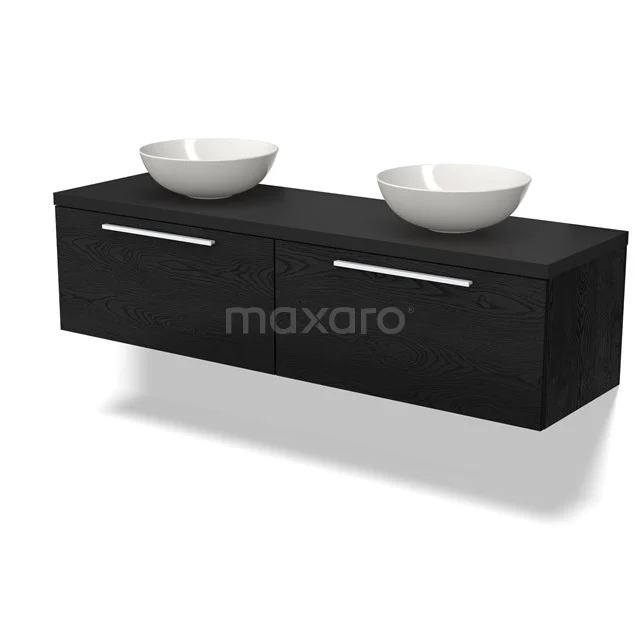 Schwarzes schwebendes Badezimmermöbelset mit zwei weißen keramischen Aufsatzwaschbecken, schlichten Schubladen und modernen Haltegriffen.