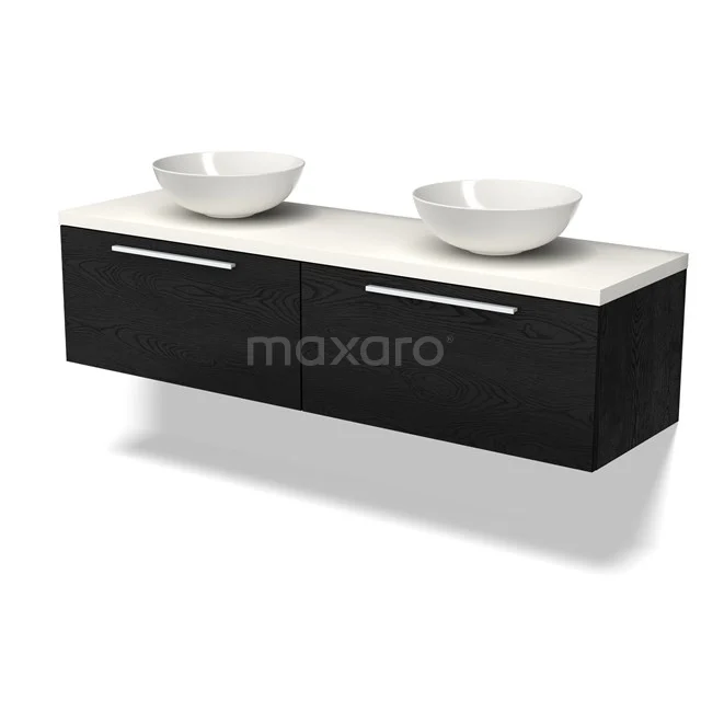 Schwarzes Badmöbel mit zwei weißen Aufsatzwaschbecken, modernes Design, geeignet für moderne Bäder, in Hochglanz ausgeführt.