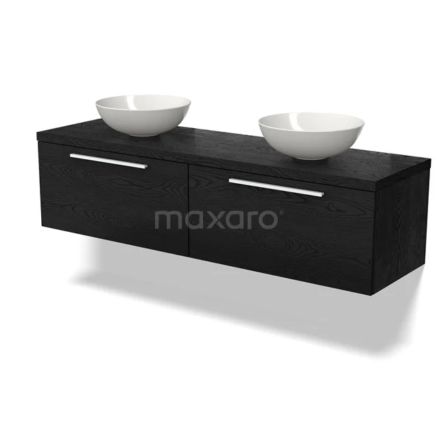 Schwarzes Holz Doppelwaschbeckenmöbel mit weißen keramischen Aufsatzwaschbecken, modernes Design für ein stilvolles Badezimmer.