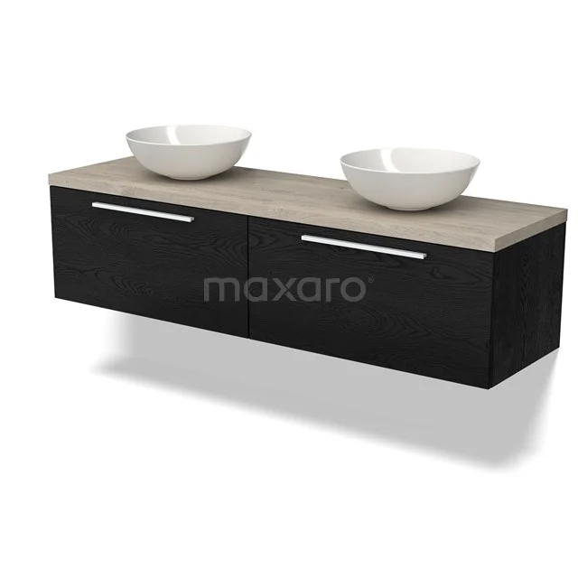 Waschtischunterschrank mit Konsole BMK12-01575 Zweites Schwarz Badezimmermöbel mit doppelten Natursteine Aufsatzwaschbecken und Holz Platte, modernes Design mit klaren Schubladen.