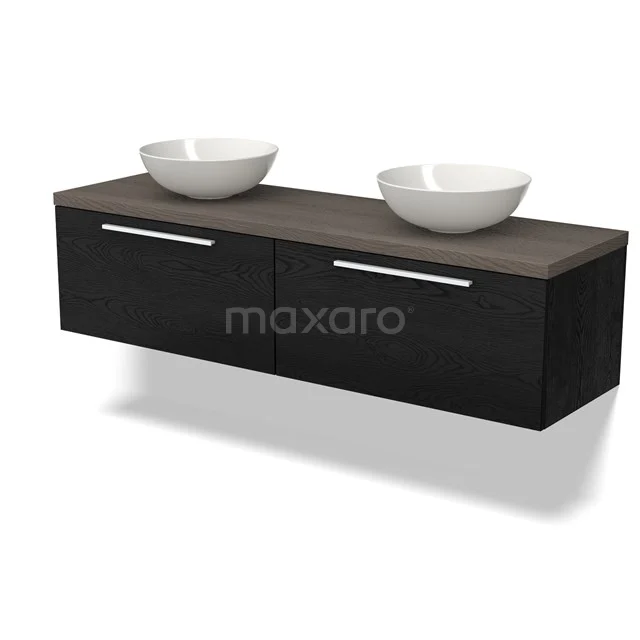 Zwevend Badezimmermöbel Schwarz mit Holzlook Platte, doppelte Aufsatzwaschbecken und chromene Griffe, modernes Design.