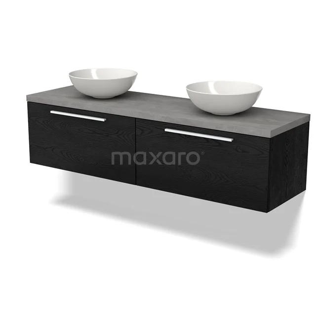 Schwarzes hängendes Badezimmermöbel mit Betongrau Platte, doppelten weißen Aufsatzwaschbecken und chromatischen Haltegriffen für modernes Badezimmerdesign.