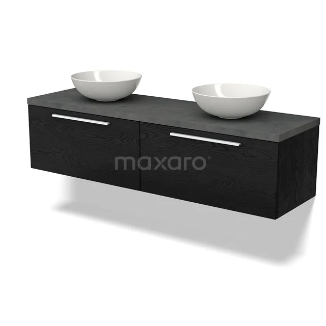 Schwarzes Badezimmermöbel mit Doppelwaschbecken, klare moderne Formgebung, ausgestattet mit verchromten Haltegriffen und hängendem Design.