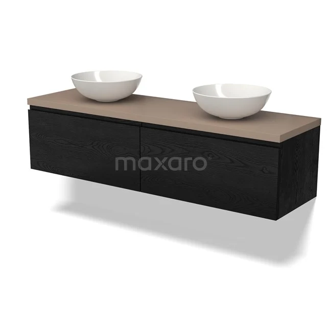 Modulo Plato Badmöbel mit Aufsatzwaschbecken | 160 cm Schwarze Eiche Grifflos front Taupe blatt 2 nebeneinanderliegende Schubladen BMK12-01582 Zwevende schwarze Waschtischset mit Holzplatte und zwei weißen Aufsatzwaschbecken, ideal für einen modernen Badezimmerstil.