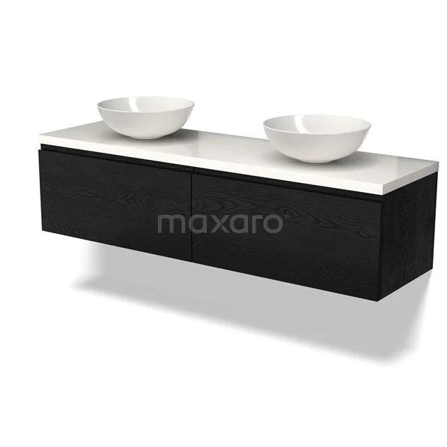 Zweites Badmöbel Schwarz mit Doppelwaschbecken, modernes Design, Holzoptik und Keramik, ideal für ein stilvolles Badezimmer.