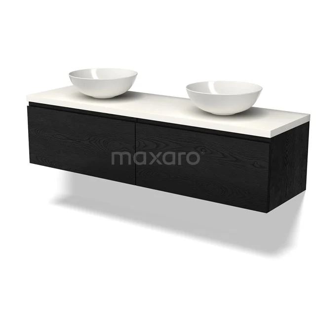 Zwevende schwarze Badmöbelset mit doppelten weißen Aufsatzwaschbecken, minimalistisches Design und stabiler Holzstruktur.