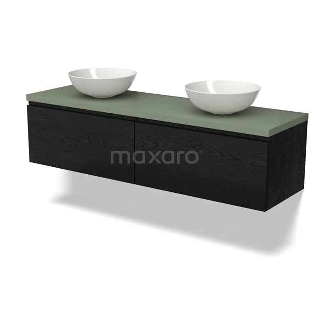 Schwarzes Holz Badezimmermöbel mit grünem Platte und zwei weißen Aufsatzwaschbecken, modernes Design für stilvolle Bäder.