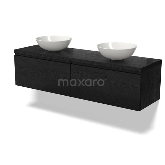 Schwarzes hängendes Badmöbel mit zwei keramischen Aufsatzwaschbecken, klar gestaltet für einen modernen Badezimmerstil.