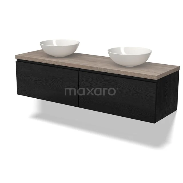 Schwarzes Holz Badezimmermöbel mit zwei weißen Aufsatzwaschbecken und einer holzfarbigen Platte, elegantes Design für moderne Bäder.