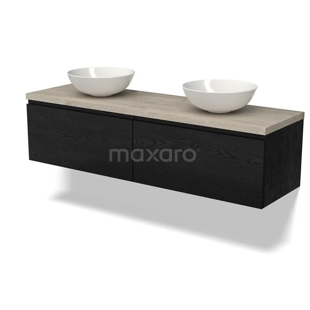 Waschtischunterschrank mit Konsole BMK12-01589 Zweiflügelige schwarze Badmöbelset mit Holzoptik Platte, zwei Aufsatzwaschbecken und Schubladen, ideal für ein modernes Badezimmer.