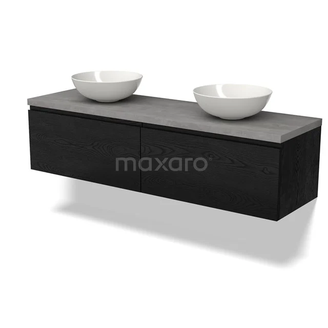 Modulo Plato Badmöbel mit Aufsatzwaschbecken | 160 cm Schwarze Eiche Grifflos front Hellgrauer Beton blatt 2 nebeneinanderliegende Schubladen BMK12-01593 Schwarzes schwebendes Badezimmermöbel mit Betonplatte und doppelten weißen Aufsatzwaschbecken, modernes Design aus Luxus-Serie.