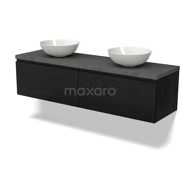 Schwarzes Holz Badezimmermöbel mit Doppelwaschbecken, stilvolles schwebendes Design und weißen keramischen Aufsatzwaschbecken.