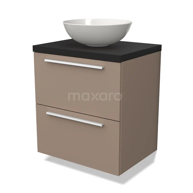 Beige Badmöbel mit schwarzer Platte und weißem komförmigen Waschbecken, zwei Schubladen mit Chromgriffen, perfekte moderne Badezimmerlösung.