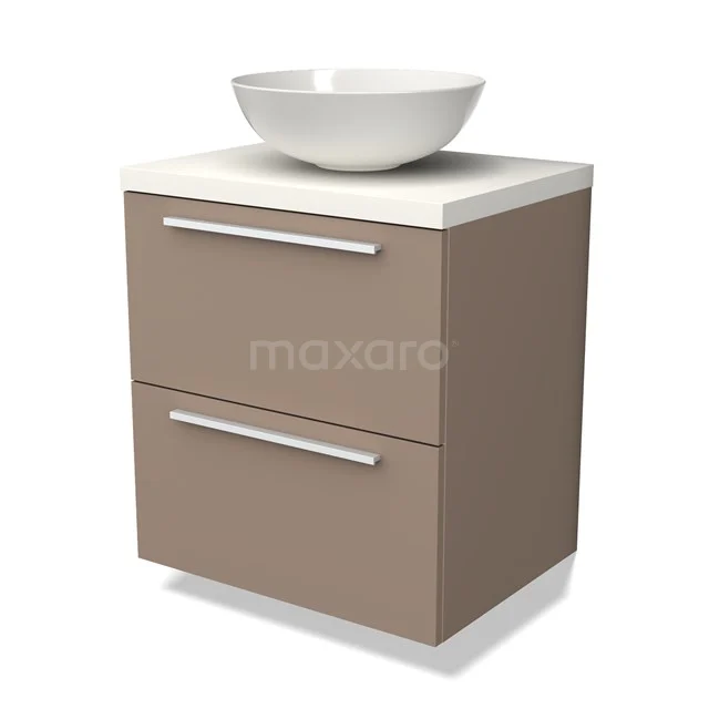 Bruin badkamermeubel met keramische waskom, twee lades en metalen handgrepen. Modern design voor een stijlvolle badkamer.