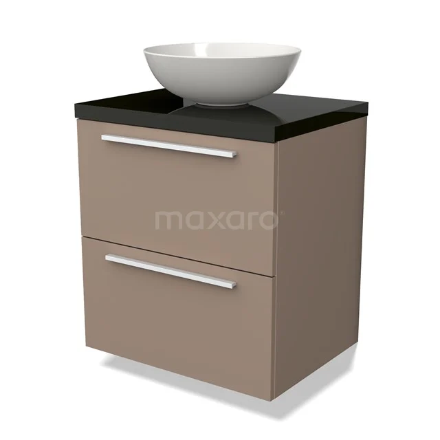 Beige badkamermeubel met zwart blad en witte waskom, modern design met twee lades en metalen handgrepen.