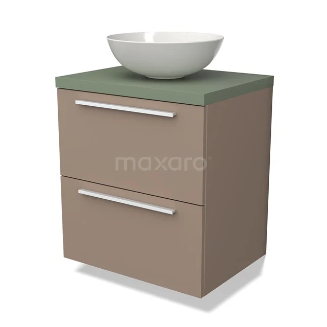 Beige badmeubel met groen blad, twee lades en witte opbouwwaskom, modern design voor stijlvolle badkamerinrichting.