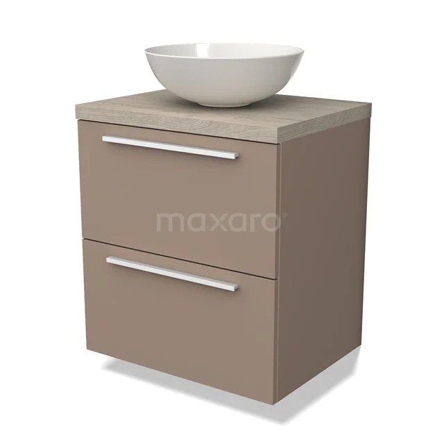 Taupe badkamermeubel met keramische opbouwkom, twee lades en metalen grepen, compact modern design.