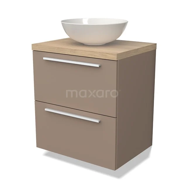Modulo Plato Badmöbel mit Aufsatzwaschbecken | 60 cm Taupe Flach front Hellbraune Eiche blatt 2 übereinanderliegende Schubladen BMK17-01984 Beige Holz-Badmöbel mit weißem Aufsatzwaschbecken, zwei Schubladen und verchromten Haltegriffen, ideal für moderne Bäder.