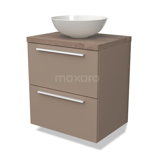 Waschtischunterschrank mit Konsole BMK17-01985 Beige Badmöbel mit Aufsatzwaschbecken, zwei Schubladen mit silbernen Griffen, modernes Design, ideal für stilvolle Badezimmergestaltung.