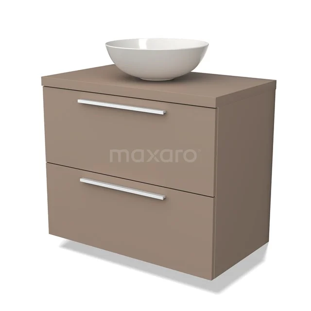 Beige badkamermeubel met twee lades en een wit komvormige wasbak, ideaal voor moderne badkamerinrichting.