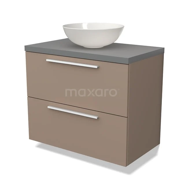 Brauner Badschrank mit grauem Waschbecken und rundem weißen Aufsatzwaschbecken; modernes Design, zwei Schubladen, ideal für Badezimmerlagerung.