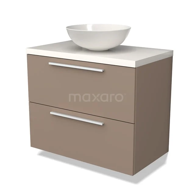 Beige badkamermeubel met witte opzetwaskom, twee lades en moderne chromen handgrepen, ideaal voor een stijlvolle badkamer.