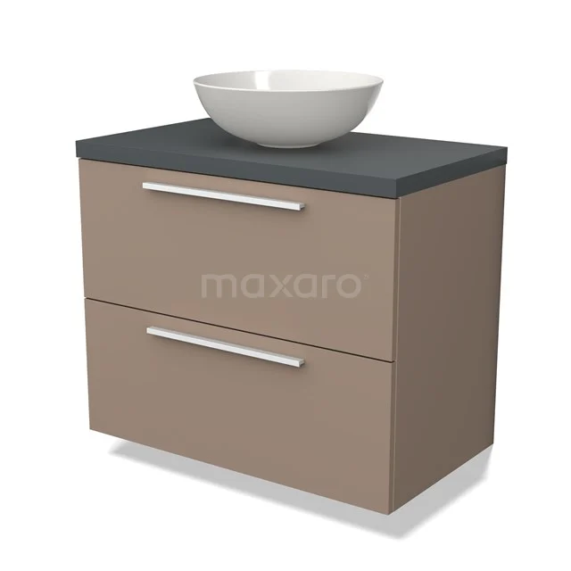 Braune Badmöbelset mit zwei Schubladen, schwarzer Platte und weißem Aufsatzwaschbecken; modernes Design, perfekt für stilvolle Bäder.