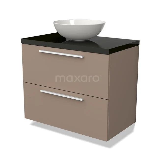 Beige badkamermeubel met zwarte bovenblad, witte opzetwastafel en metalen grepen, stijlvol en modern design.