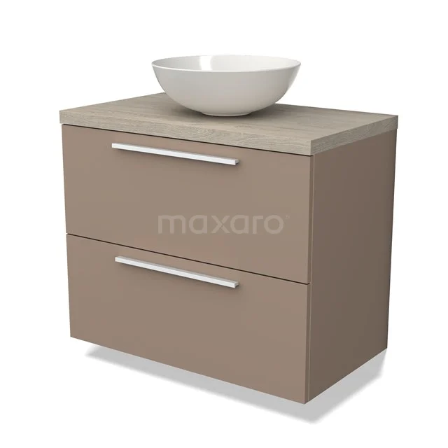 Beige Badmöbel mit zwei Schubladen, keramischem rundem Waschbecken und chromatischen Haltegriffen, modernes Design.