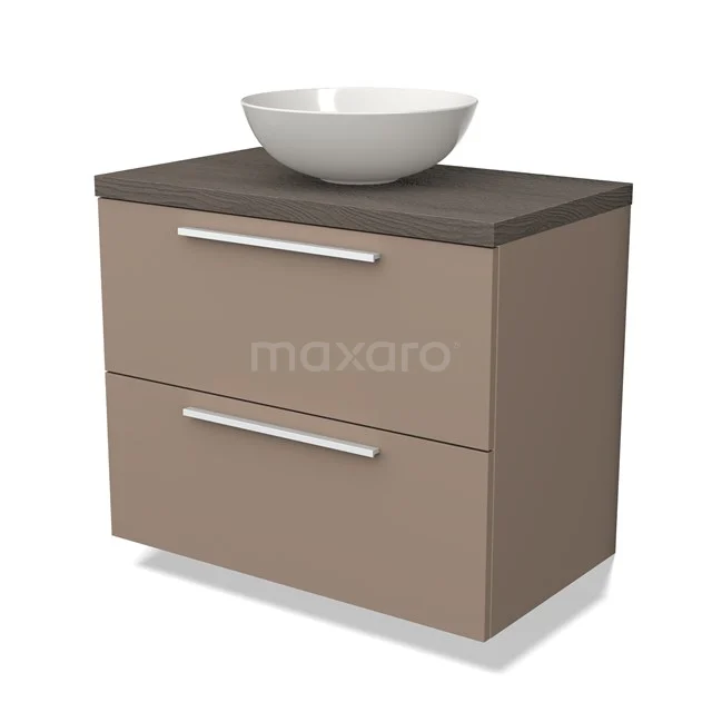 Badkamermeubel met taupe lades, houten blad en witte waskom; modern design, ideaal voor stijlvolle badkameropslag.