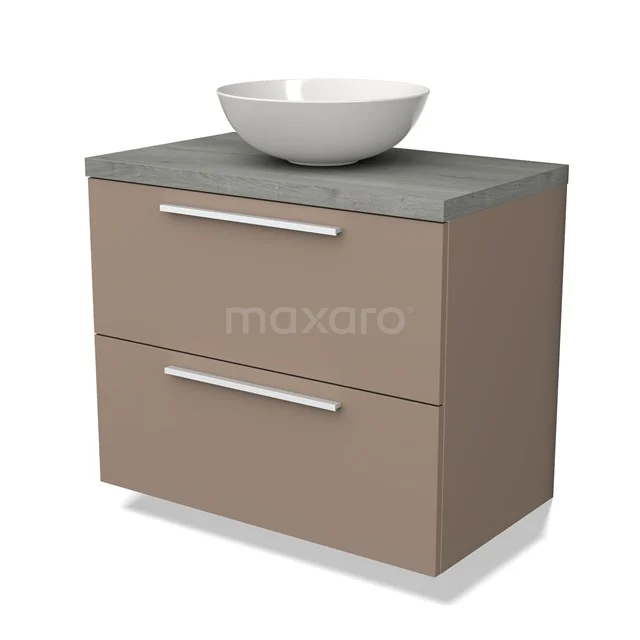 Bruine badkamermeubelset met grijs blad en witte waskom, modern design met twee lades en RVS handgrepen.