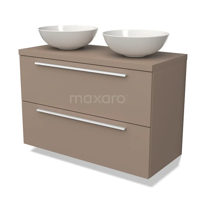 Modern taupe badkamermeubel met dubbele witte waskommen, metalen grepen en twee ruime lades voor georganiseerde opbergruimte.