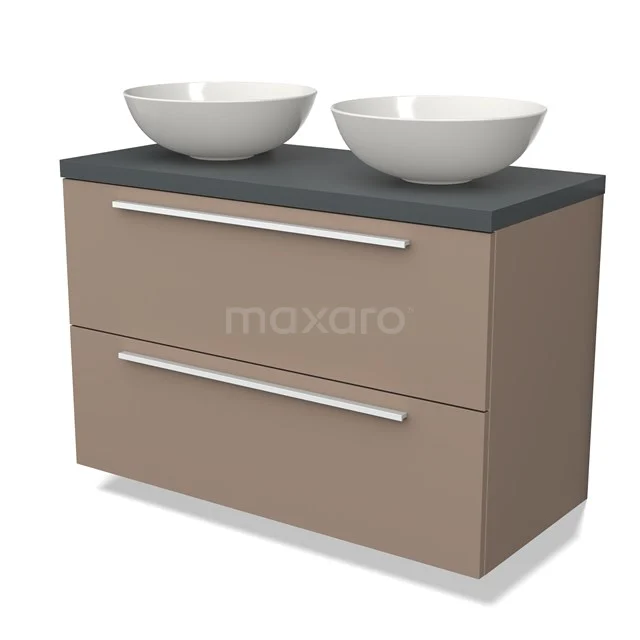 Brown bathroom furniture set with two white countertop wash basins, matte anthracite worktop and metal handles, modern design.