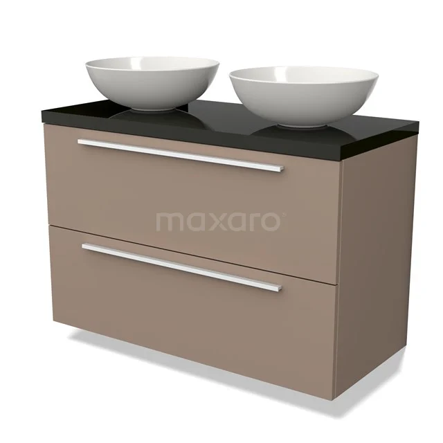 Beige badkamermeubel met zwart blad, twee ronde witte waskommen en moderne zilveren handgrepen, perfect voor een stijlvolle badkamer.