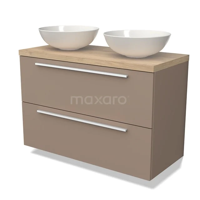 Brown bathroom furniture set with double white countertop wash basins, wood-look worktop and two drawers with chrome handles.