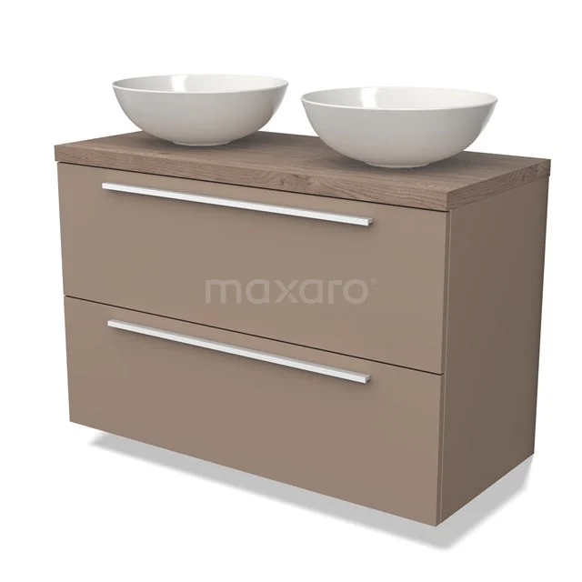 Double bathroom unit in taupe with white oval countertop wash basins, modern design and spacious drawers for bathroom storage.