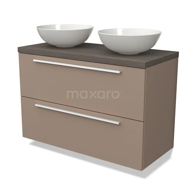 Beige wooden bathroom unit with two drawers, dark worktop and two white vanity units with basin, ideal for a modern bathroom.