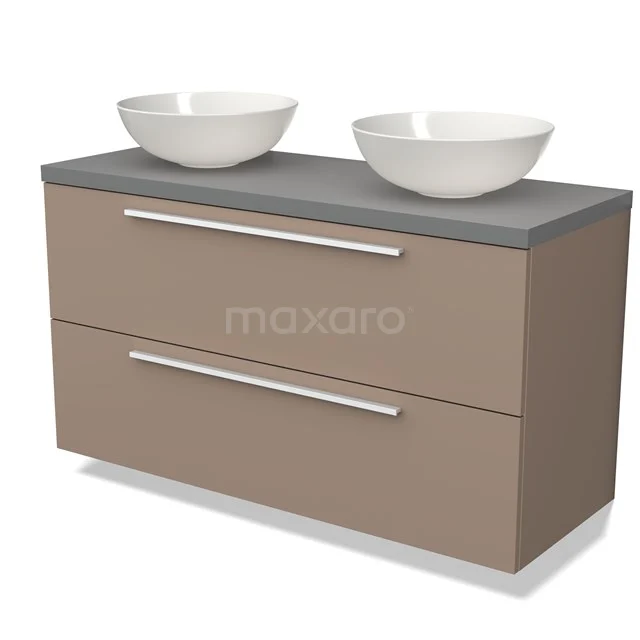Brown bathroom furniture set with double drawers, grey basin worktop and two ceramic countertop basins, modern design.