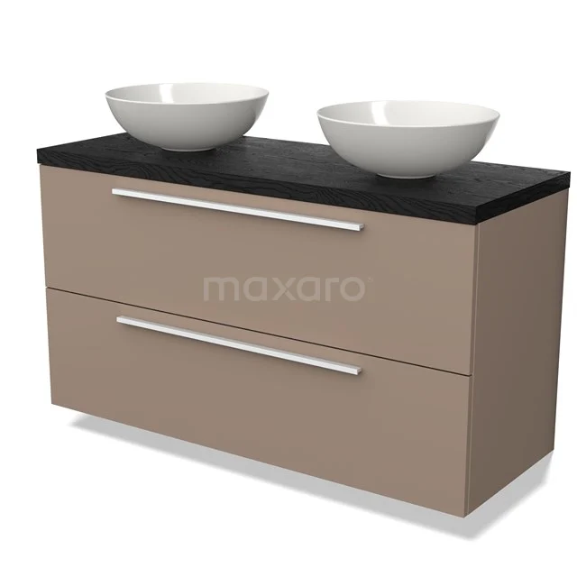 Beige badkamermeubel met dubbele lades, zwart blad en twee witte waskommen. Modern design, geschikt voor elke badkamerstijl.