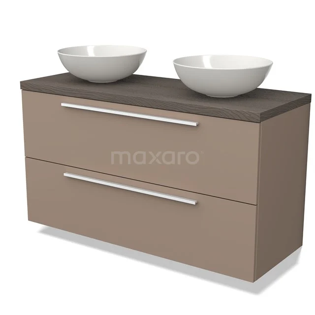 Waschtischunterschrank mit Konsole BMK17-02037 Beige Badmöbel mit zwei Schubladen, doppeltem Natursteine Platte und weißen Aufsatzwaschbecken, modernes Design.