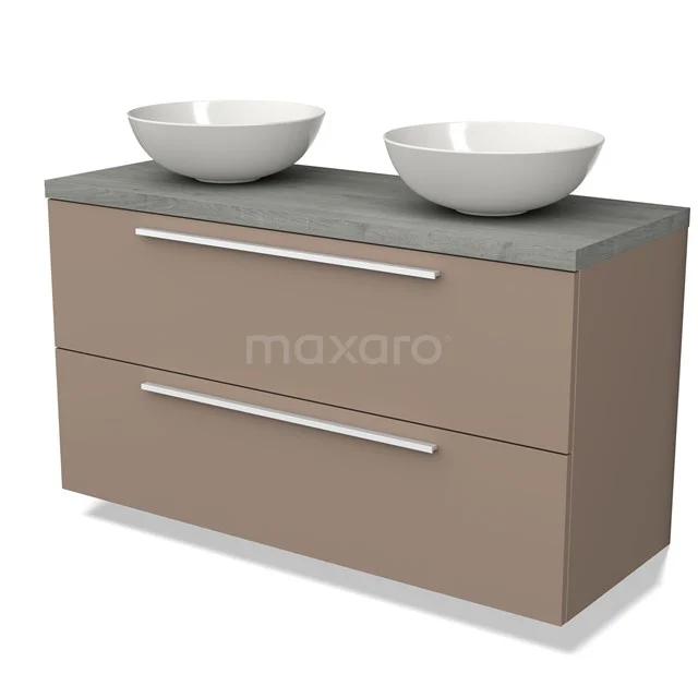 Brown bathroom furniture set with two white countertop wash basins, concrete worktop and sleek drawers for modern bathroom storage.